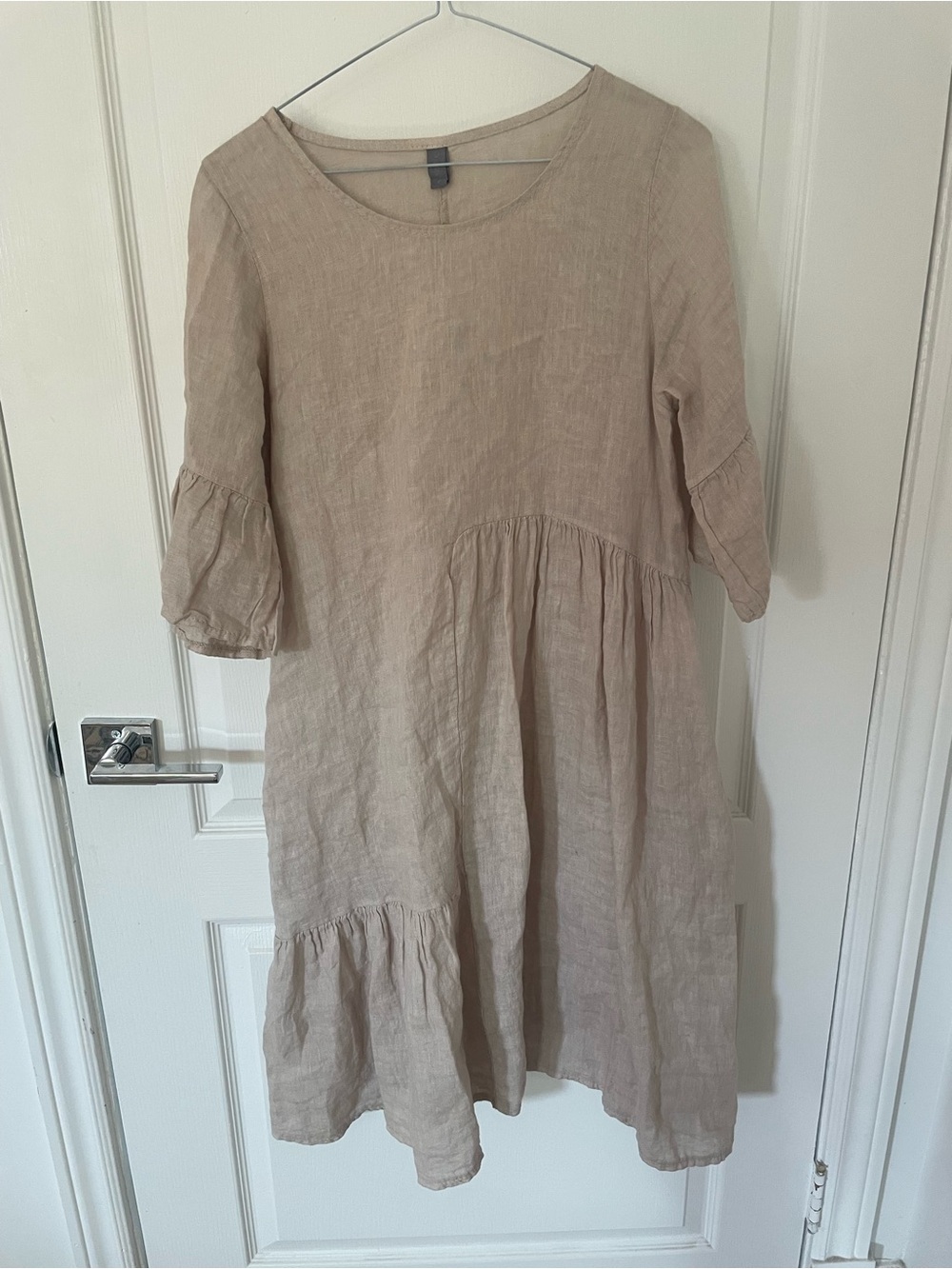 Neutral Linen Tiered Midi Dress in Beige - Picture 2 of 10